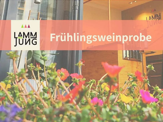 Frühlingsweinprobe 2026 - Bild mit Frühlingsblumen und Blick in unsere Vinothek