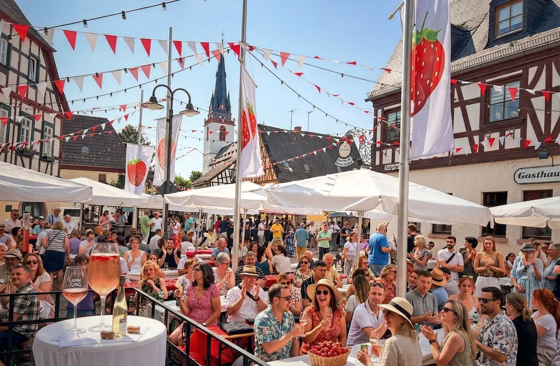 Weinfest im Rheingau mit Roséwein, Erdbeeren und traditionellen Fachwerkhäusern unter blauem Himmel